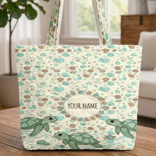 Sea Turtles Seashells Sand Dollars Seafoam Bubbles Personalized Medallion - Travel Essentials Quilted Tote Bag