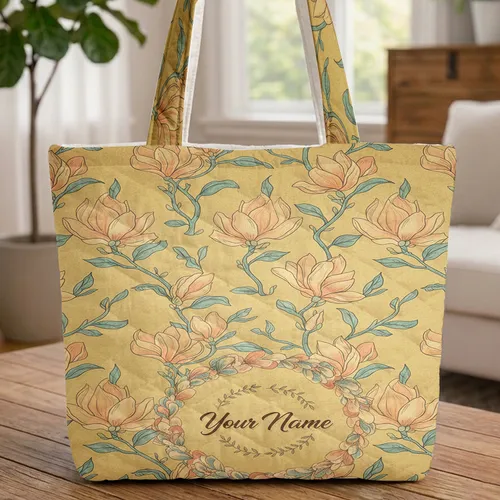 Antique Magnolia Blossom Wreath Personalized Name - Everyday Carry Gift Quilted Tote Bag