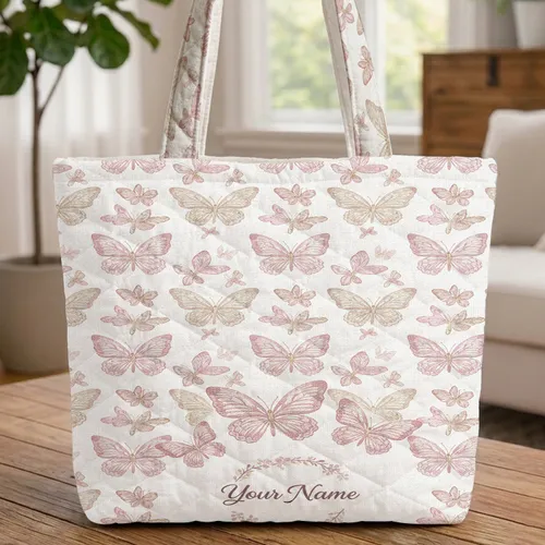 Pink Mauve Gold Butterflies Floral Wreath - Everyday Carry Travel Essentials Quilted Tote Bag