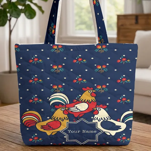 Folk Art Roosters Floral Stars Name Cartouche - Farmhouse Market Day Carry Gift Quilted Tote Bag