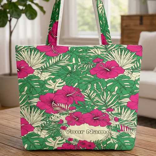 Personalized Tropical Hibiscus Palm Leaf Floral Wreath - Everyday Carry Gift Quilted Tote Bag