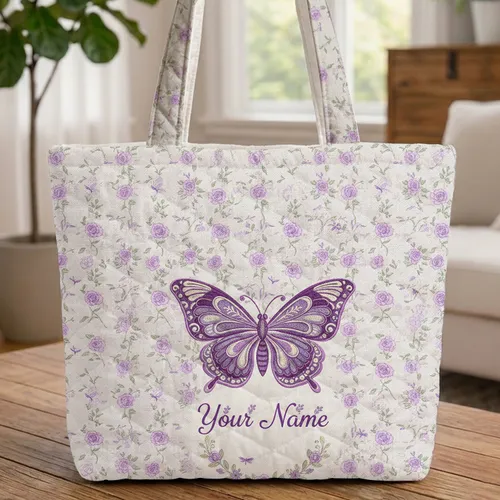 Lavender Roses Butterfly Floral Wreath Everyday Carry Gift for Her Quilted Tote Bag