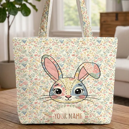 Bunny Head Floral Wreath Berries Everyday Carry Gift for Kids Quilted Tote Bag