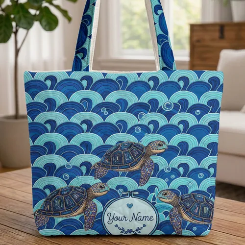Sea Turtles Ocean Waves Personalized Name - Travel Essentials Sea Turtle Lover Gift Quilted Tote Bag