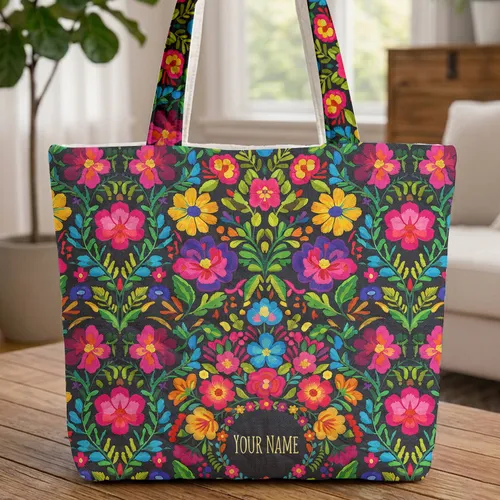 Folk Art Embroidered Flowers Foliage Floral Wreath Storybook Caps - Everyday Carry Gift Quilted Tote Bag