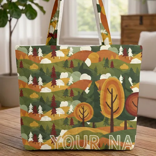 Pine Deciduous Trees Rolling Hills Clouds Everyday Carry Gift Quilted Tote Bag