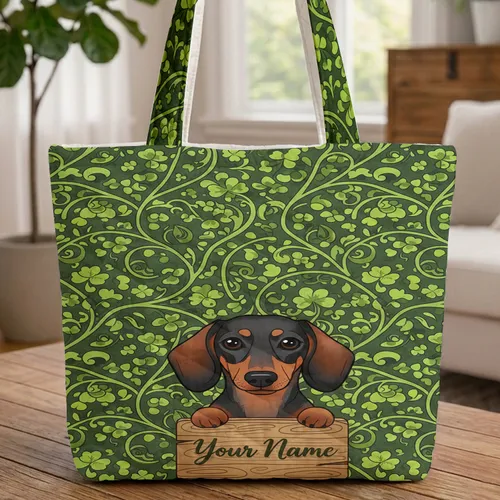Dachshund Dog Clover Vines Personalized - Everyday Carry Gift for Dog Lover Quilted Tote Bag