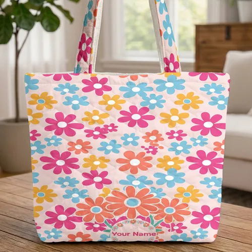 Pale Pink Fuchsia Coral Yellow Light Blue Daisy Flowers Bouquet - Everyday Carry Gift Quilted Tote Bag