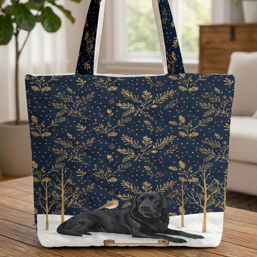 Personalized Black Labrador Dog Winter Foliage - Pet Lover Everyday Carry Gift Quilted Tote Bag
