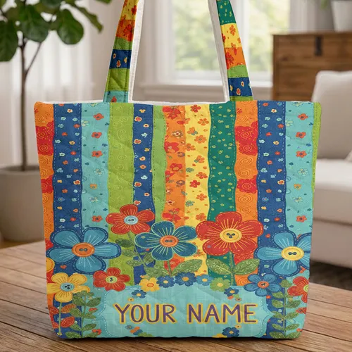 Folk Art Quilting Yo-Yo Flowers Botanical Shapes Vertical Patchwork - Everyday Carry Gift Quilted Tote Bag