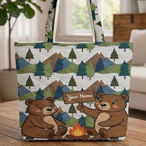 Brown Bear Campfire Mountains - Wildlife Lover Everyday Carry Gift Quilted Tote Bag
