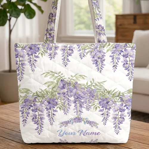 Wisteria Branches Flowers Personalized Wreath - Everyday Carry Gift Quilted Tote Bag