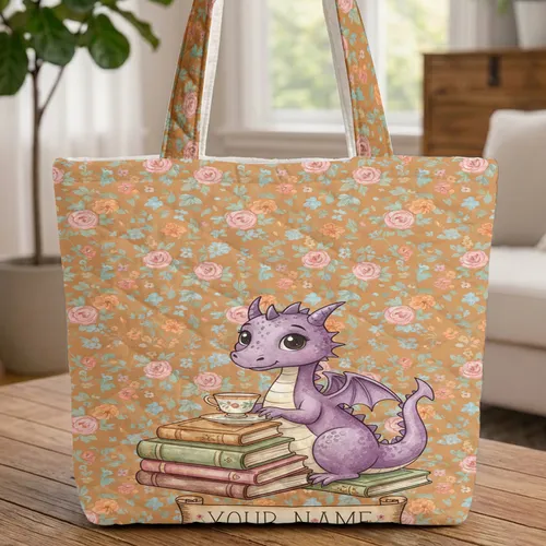 Purple Dragon Vintage Books Teacup - Everyday Carry Gift for Book Lover Quilted Tote Bag