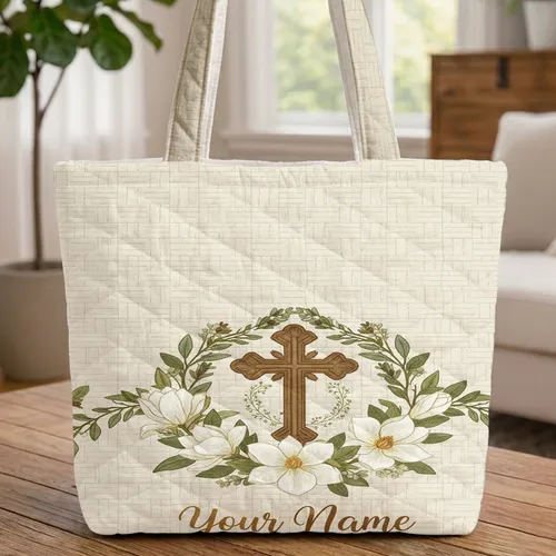 Ornate Cross Magnolia Wreath Christian Gift - Everyday Carry Gift Quilted Tote Bag