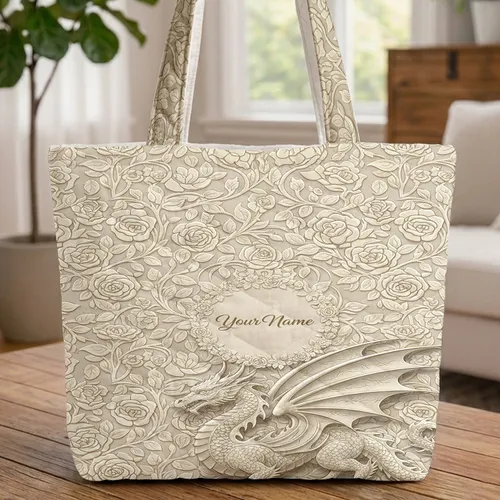 Majestic Dragon Roses Floral Wreath - Everyday Carry Personalized Gift Quilted Tote Bag