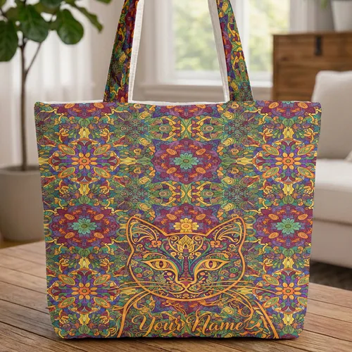 Oranges Yellows Greens Teals Purples Floral Cat Swirls Leaves Wreath Everyday Carry Gift Quilted Tote Bag