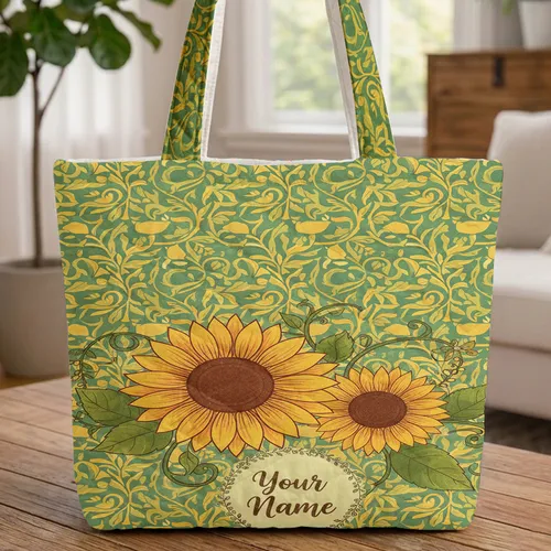 Prominent Sunflower Floral Wreath Organic Swirls Personalized - Everyday Carry Gift Quilted Tote Bag