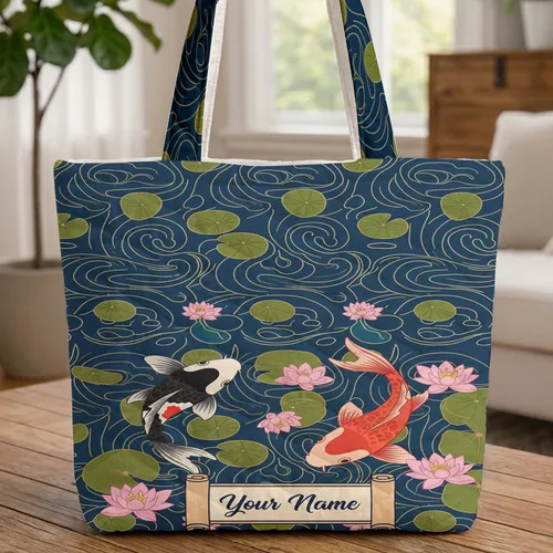 Personalized Koi Fish Water Lilies Name Scroll Water Ripples Everyday Carry Gift Quilted Tote Bag