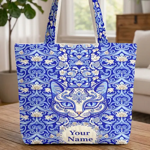 Cat Head Chinoiserie Floral Scrollwork Wreath - Everyday Carry Gift for Cat Lover Quilted Tote Bag