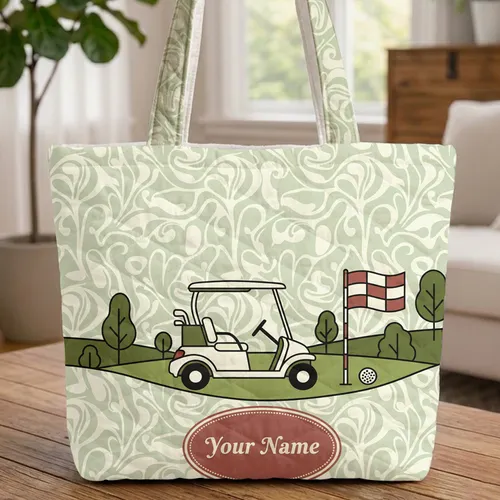 Personalized Golf Cart Flag Green Hills - Everyday Carry Gift for Golf Lovers Quilted Tote Bag