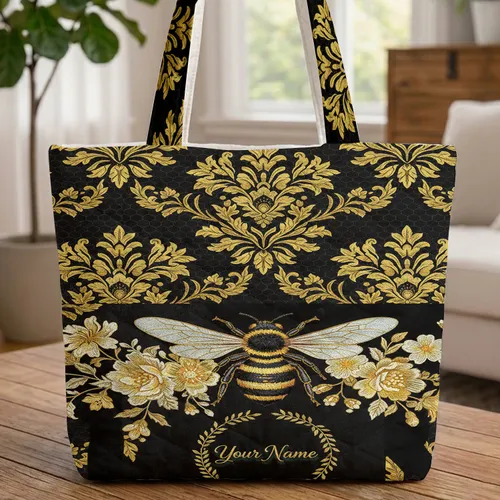 Golden Honeybee Honeycomb Floral Damask Everyday Carry Gift Quilted Tote Bag