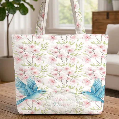 Personalized Cherry Blossom Birds Floral Wreath - Everyday Carry Gift Quilted Tote Bag