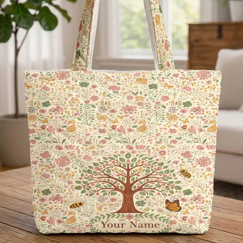 Tree of Life Honey Bee Butterfly Wildflower - Everyday Carry Gift Quilted Tote Bag