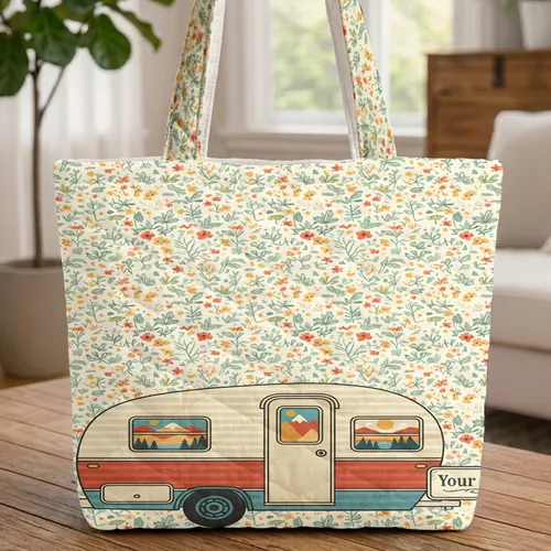 Vintage Travel Trailer Wildflower - Travel Essentials for Camper Lover Quilted Tote Bag