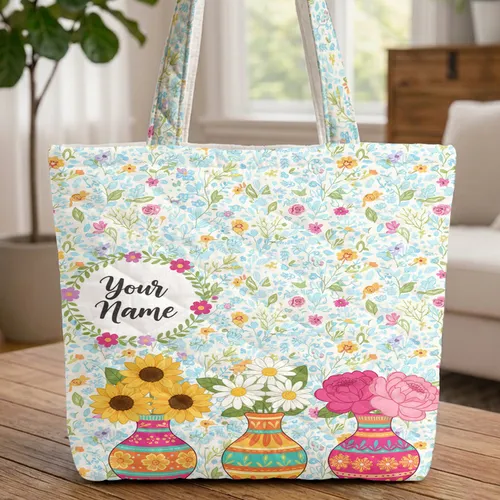 Ornate Ceramic Vases Daisies Sunflowers Wildflowers Butterflies Your Name Wreath Everyday Carry Gift Quilted Tote Bag