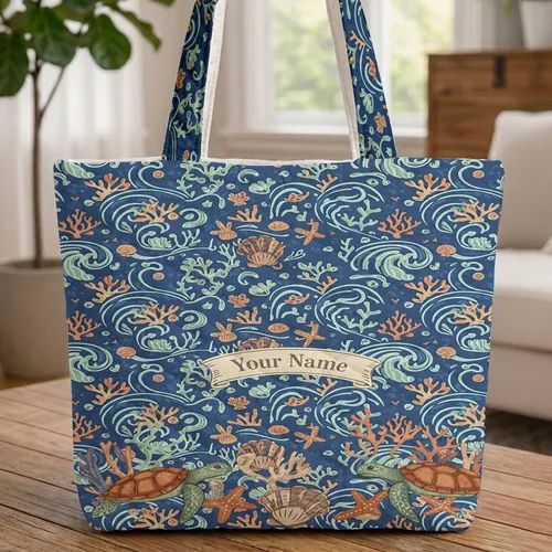 Sea Turtles Starfish Ornate Seashells Coral Clusters Ocean Waves - Travel Essentials Quilted Tote Bag