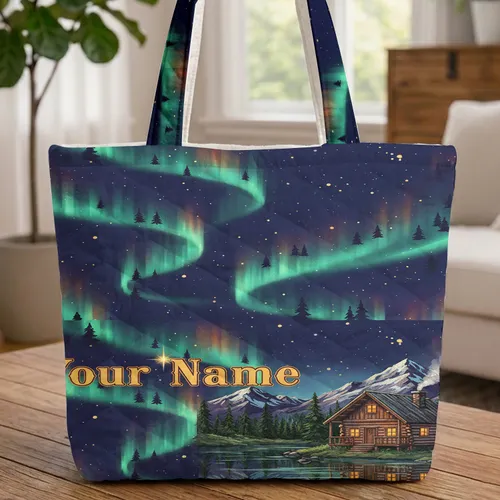 Log Cabin Lake Starlit Night Aurora Borealis Sky - Everyday Carry Gift Quilted Tote Bag