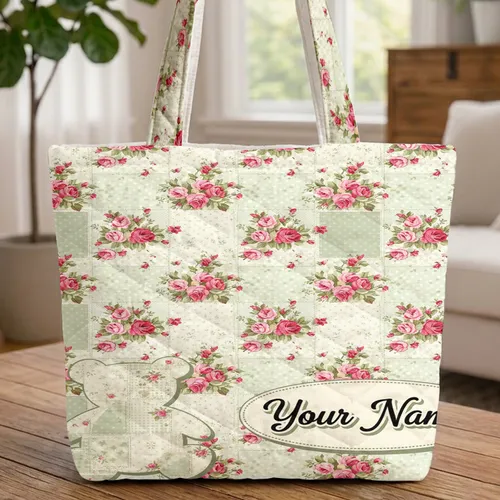 Pink Red Rose Clusters Green Leaves Teddy Bear Everyday Carry Gift Quilted Tote Bag