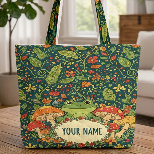 Green Frog Toadstool Wildflower Botanical Vine Wreath Everyday Carry Gift Quilted Tote Bag