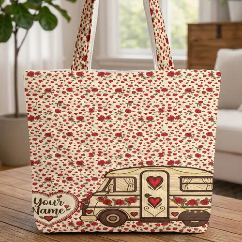 Vintage Camper Van Name Heart Cartouche Hearts Roses - Travel Essentials Gift for Her Quilted Tote Bag