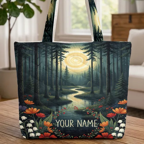 Fantasy Forest Moon Pine Lily Valley Wildflower Personalized - Everyday Carry Gift Quilted Tote Bag