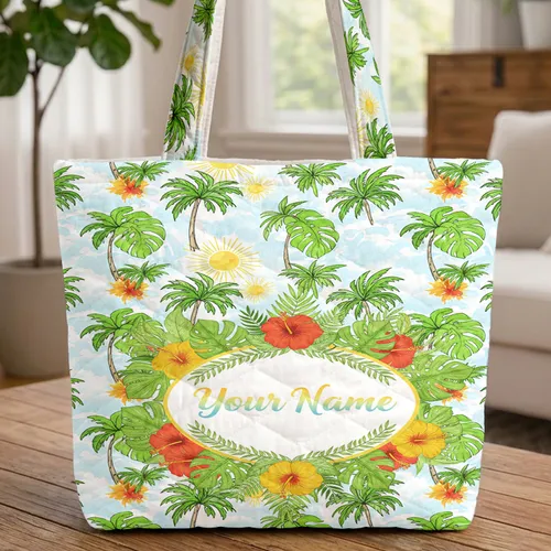 Tropical Hibiscus Palm Monstera Sun Medallion - Everyday Carry & Travel Gift Quilted Tote Bag