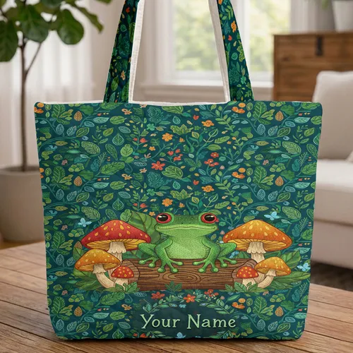 Emerald Frog Mushroom Forest - Wildlife Lover Everyday Carry Gift Quilted Tote Bag