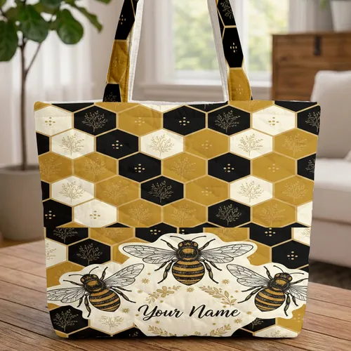 Ornate Honey Bee Honeycomb Floral Wreath Flowers Leaves Stars Your Name Everyday Carry Gift Quilted Tote Bag