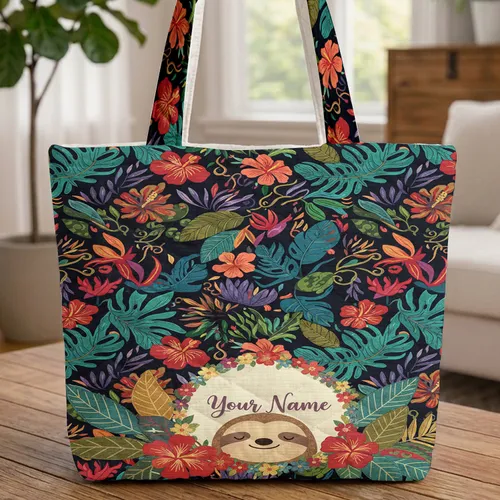 Adorable Sloth Tropical Hibiscus Floral Wreath - Wildlife Lover Everyday Carry Gift Quilted Tote Bag