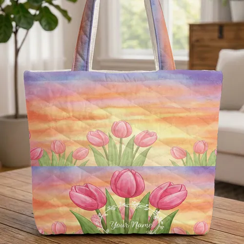 Pink Tulips Sunset Sky Personalized Floral Wreath - Everyday Carry Gift Quilted Tote Bag
