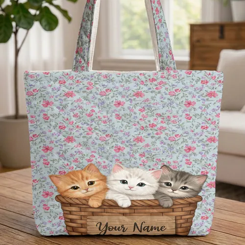 Ginger White Gray Kittens Delicate Floral Woven Basket Custom Name Everyday Carry Gift for Cat Lover Quilted Tote Bag