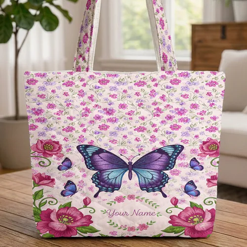 Ornate Purple Indigo Blue Butterfly Fuchsia Pink Floral Wreath - Everyday Carry Gift Quilted Tote Bag