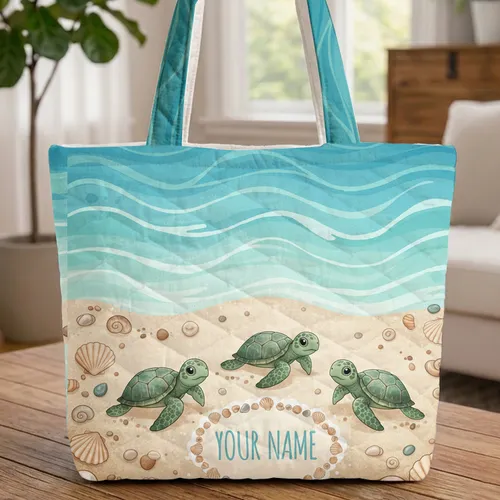 Personalized Sea Turtles Ocean Waves Everyday Carry Gift for Beach Lover Quilted Tote Bag