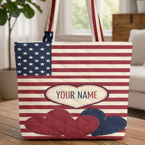Personalized Name Heart Patriotic Stars Stripes Independence Day Carry Gift Quilted Tote Bag