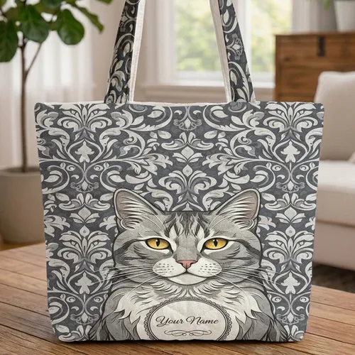 Personalized Majestic Grey Cat Swirling Damask Scrollwork - Cat Lover Everyday Carry Gift Quilted Tote Bag