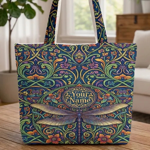 Ornate Dragonfly Botanical Vines Leaves Flowers Butterflies - Everyday Carry Gift Quilted Tote Bag