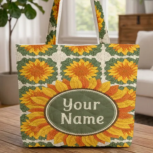 Crocheted Sunflower Wreath Name Frame Granny Squares - Boho Lifestyle Gift Quilted Tote Bag