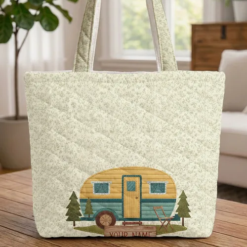 Vintage Camper Trailer Floral Sprigs - Travel Essentials Gift Quilted Tote Bag