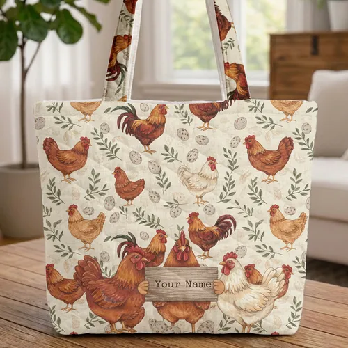 Farm Chickens Roosters Hens Speckled Eggs Rustic Sign - Farmhouse Market Day Gift Quilted Tote Bag