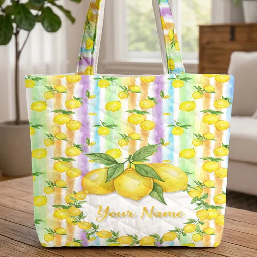 Lemon Leaves Custom Name Garland Rainbow Stripes - Everyday Carry Travel Essentials Quilted Tote Bag
